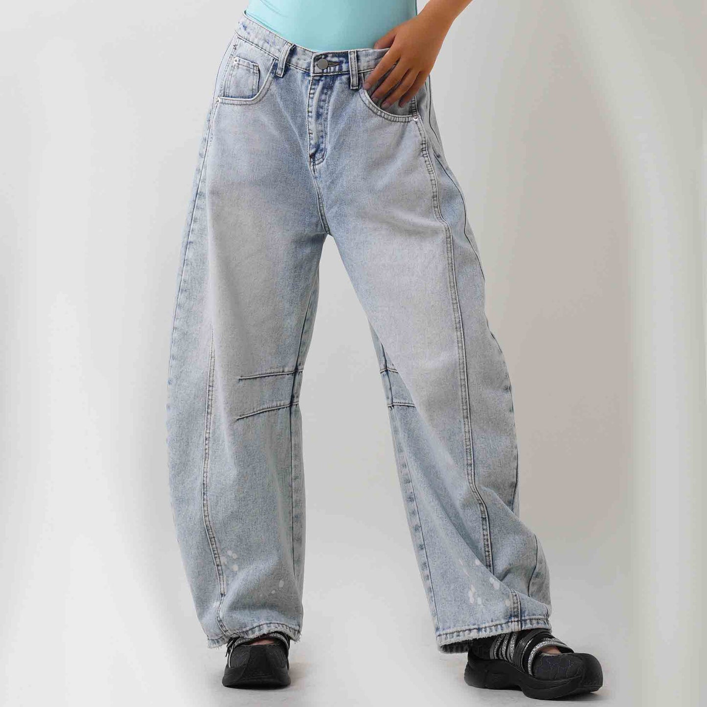 Women's Barrel Leg Baggy Jeans – High Rise Vintage Wash Slouchy Fit Denim by Cherie Code