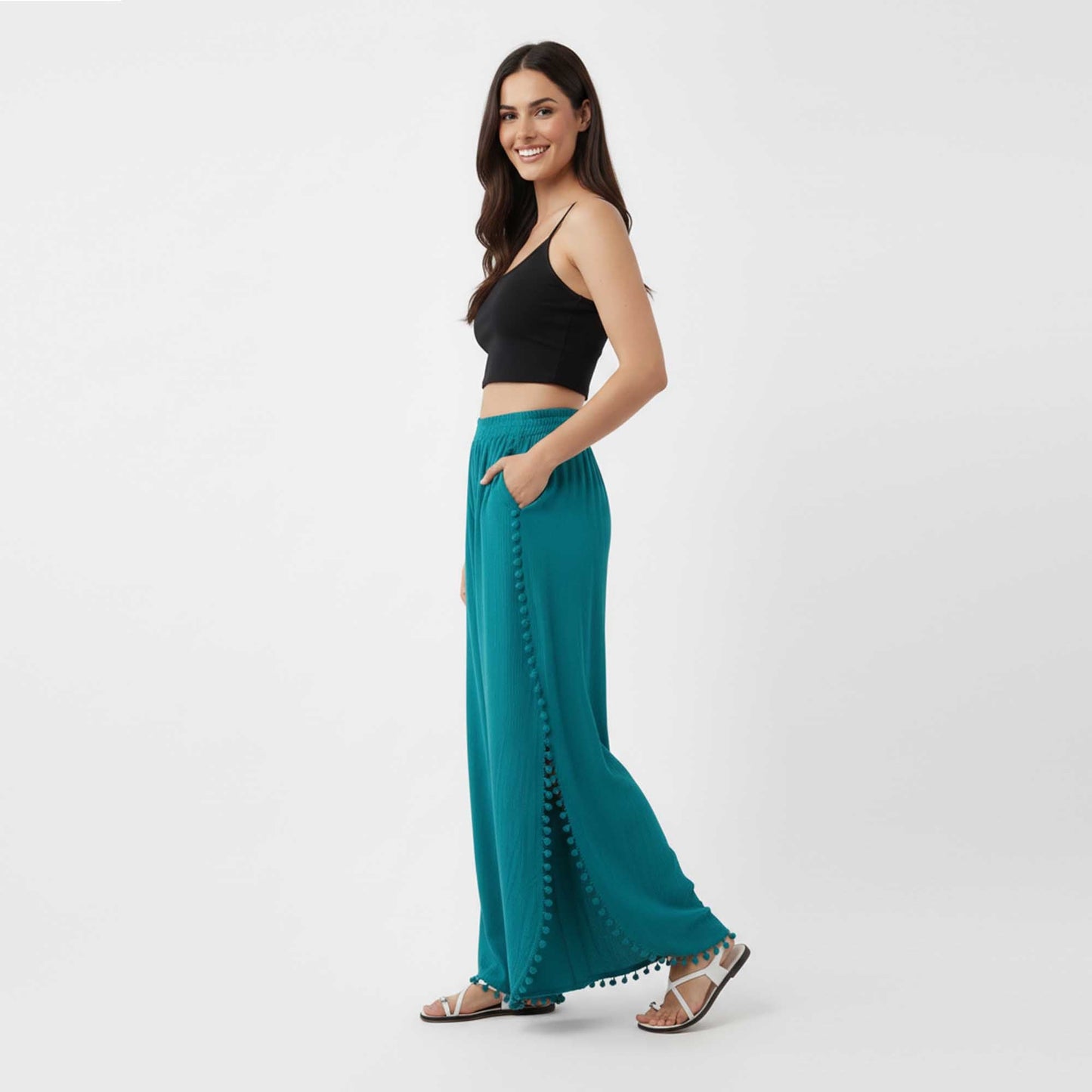 Cherie Code Women's Cotton Wide Leg Pants with Side Split and Pom Trim – Casual Fit