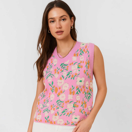 Woman Floral Knit Sleeveless Vest – 40% Acrylic Blend, Casual Fit Cherie Code