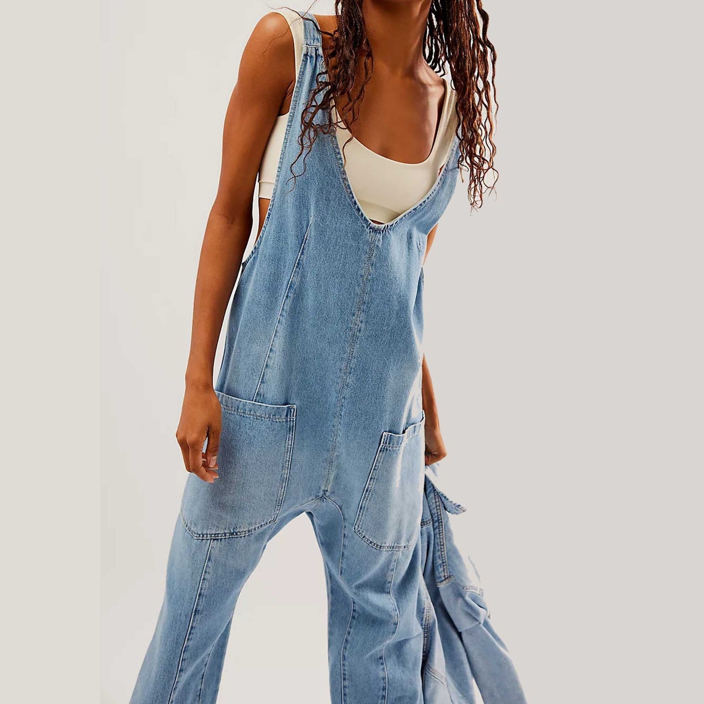 Woman Relaxed Fit Reversible Denim Jumpsuit with Adjustable Straps – Medium Wash Cherie Code