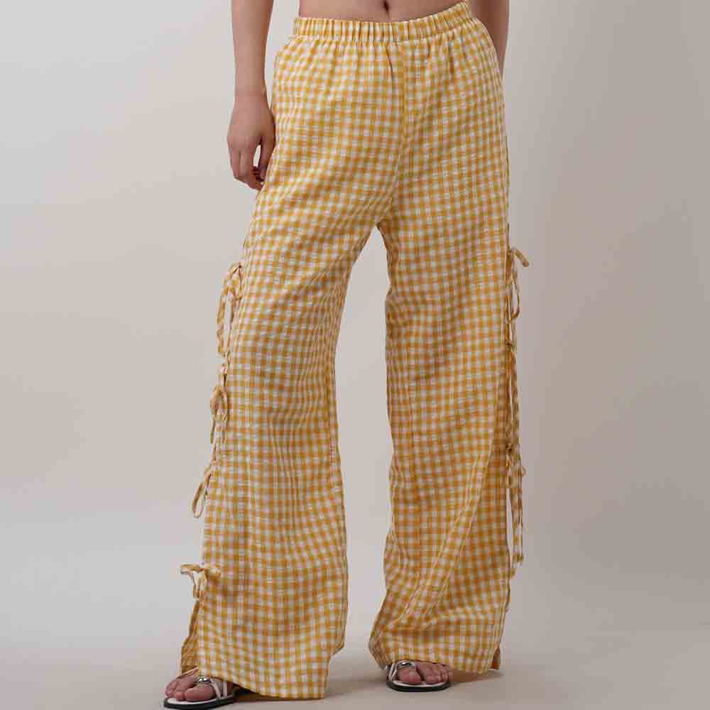 Women Everyday Checked Elastic Waist Side Strape Bowtie Casual Loungewear Pants Cherie Code