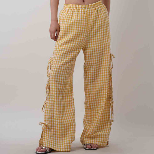 Women Everyday Checked Elastic Waist Side Strape Bowtie Casual Loungewear Pants Cherie Code