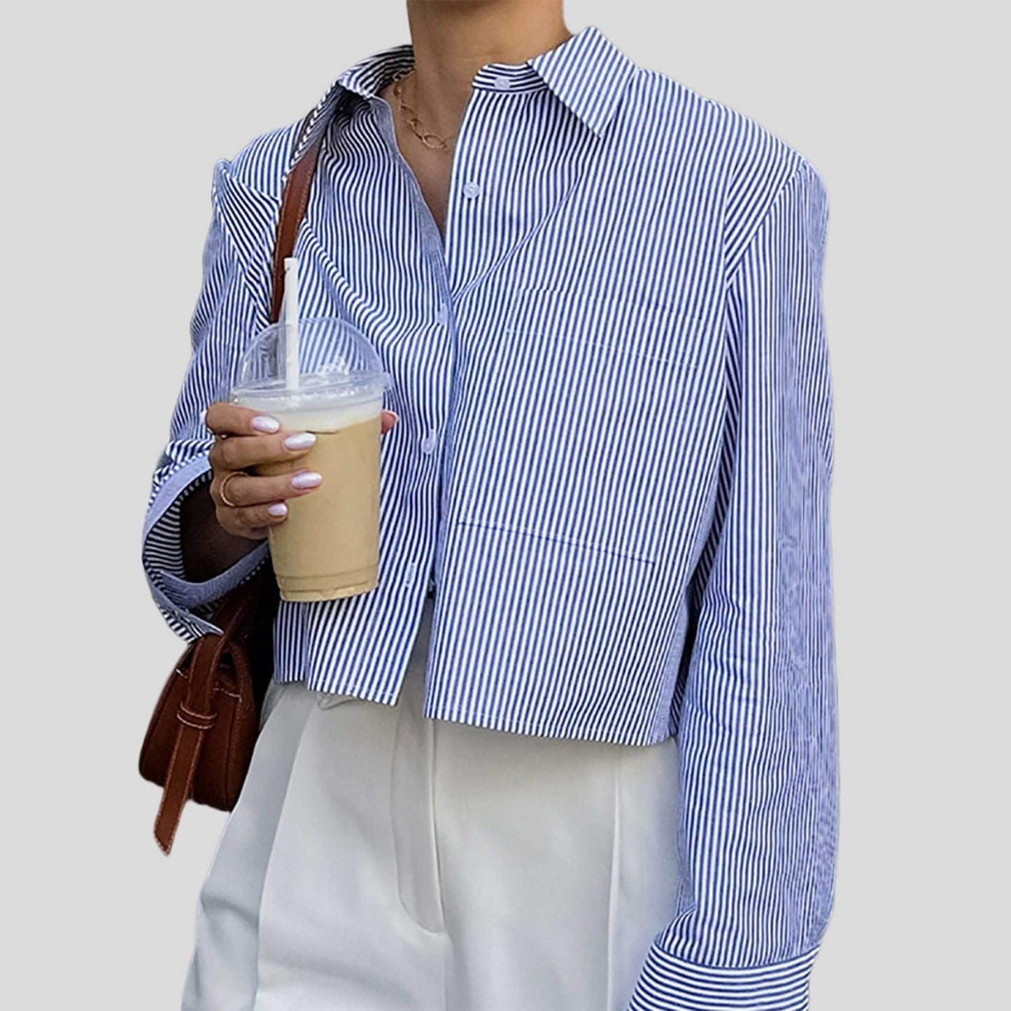 Women Blue Stripe Button-Down Shirt with Turn-Down Collar & Cuffed Sleeves – Polyester-Cotton Blend Cherie Code