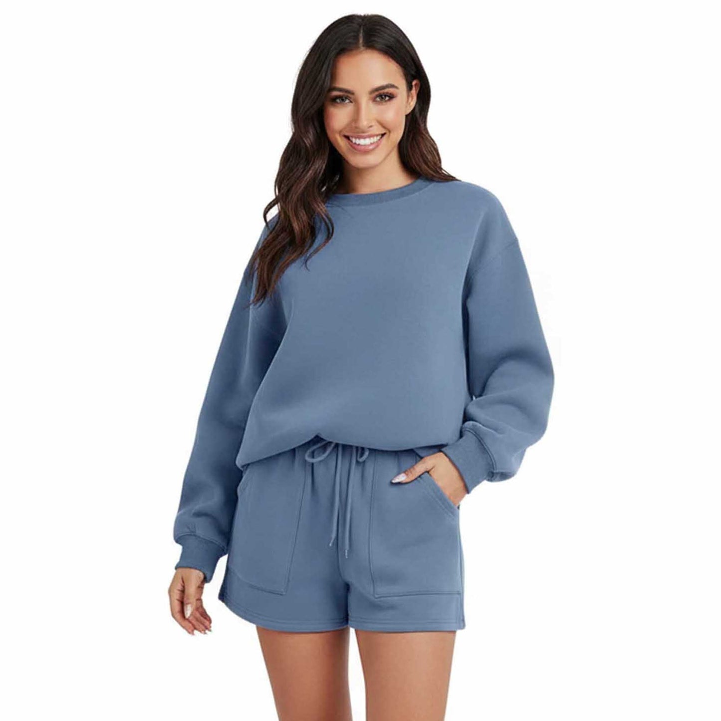 Cherie Code Women's Green Long Sleeve Cotton Sweatshirt and Shorts Set – Casual Fit with Elastic Waist and Pockets