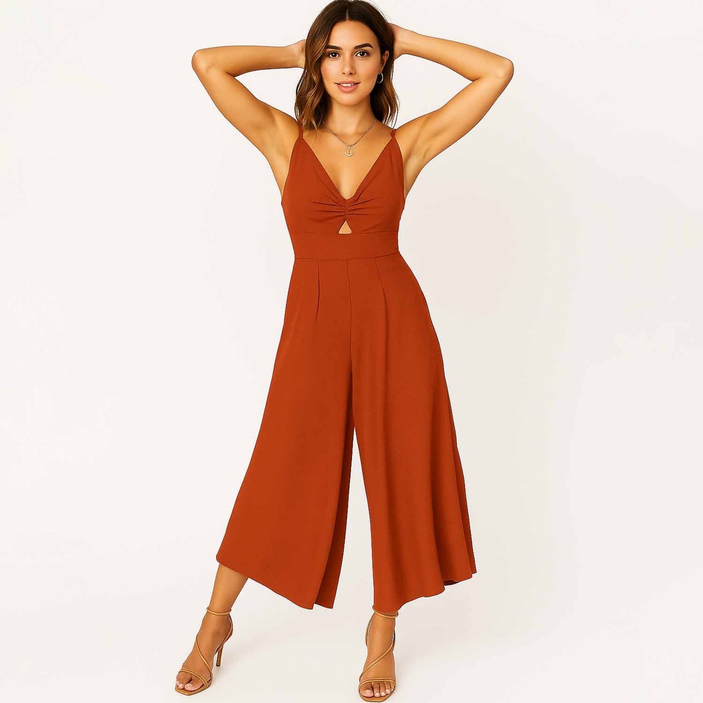 Woman V-Neck Cutout Wide-Leg Jumpsuit – 100% Cotton Casual High Waist Cherie Code