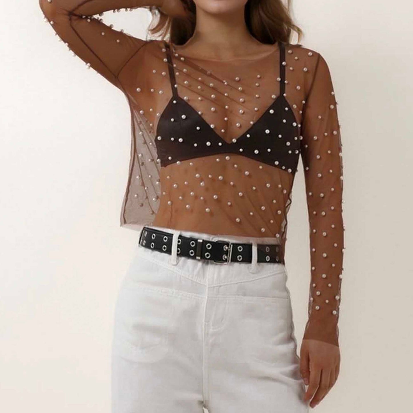 Chic Long Sleeve Sheer Top with Pearl Details - Non-Stretch Polyamide Layering Essential Cherie Code