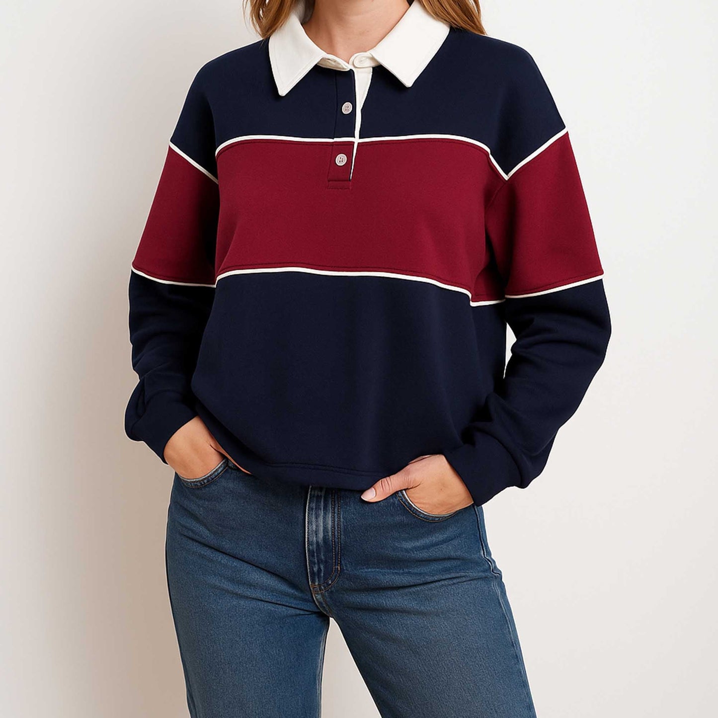 Women's Colorblock Polo Collar Long Sleeve Sweatshirt – Casual Pullover Top for Fall by Cherie Code