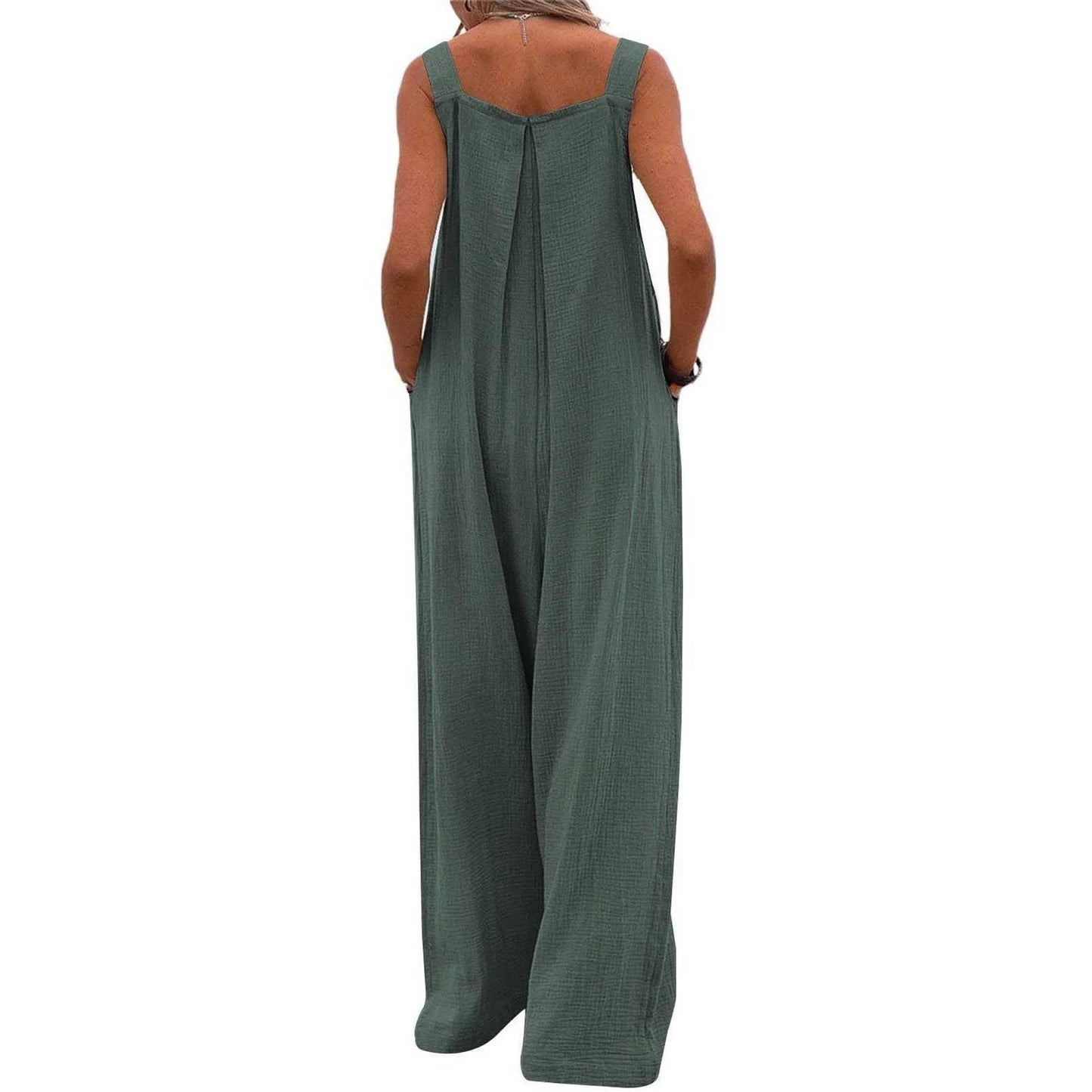 Woman Solid Color Wide-Leg Jumpsuit with Adjustable Straps and Pockets – Cherie Code