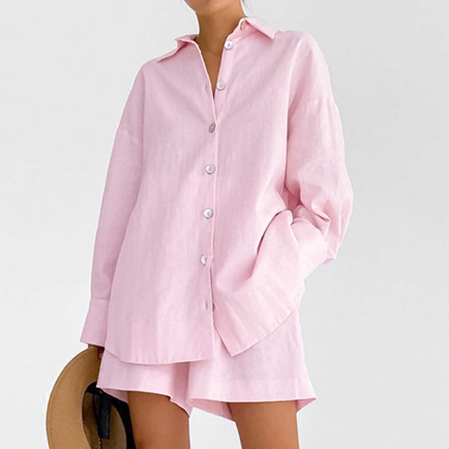 Woman Solid Shorts Set – Slim Fit Long-Sleeve Lapel Shirt & Shorts, Cotton Lined Cherie Code