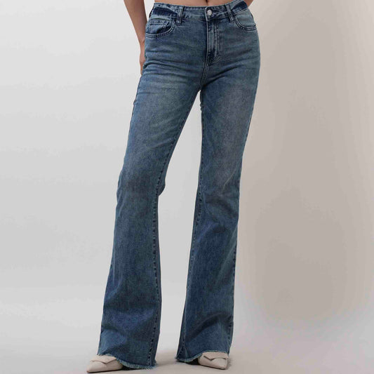 Women's Flare Leg Jeans - Vintage Wash with Mid Rise & 5-Pocket Design Cherie Code