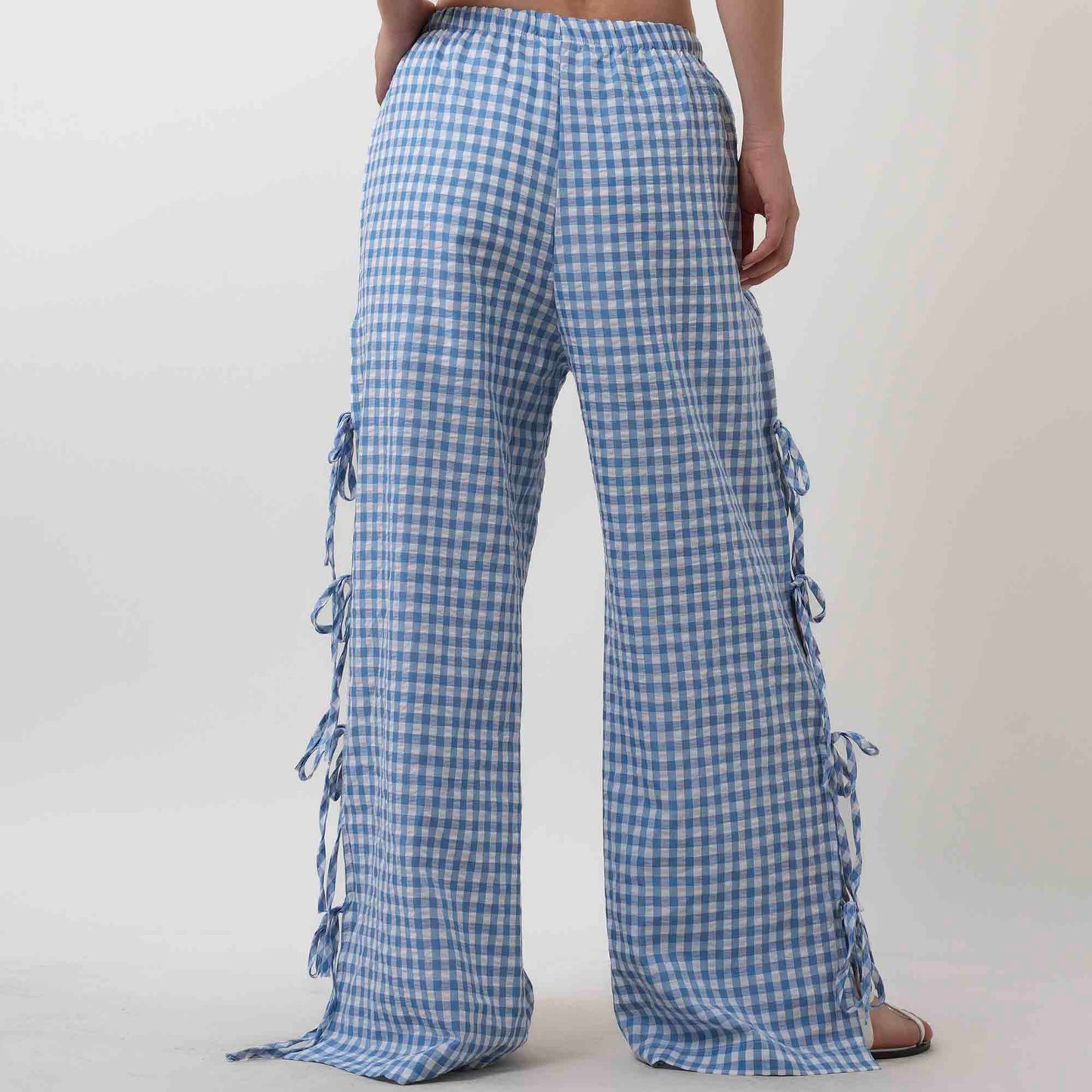 Women Everyday Checked Elastic Waist Side Strape Bowtie Casual Loungewear Pants Cherie Code